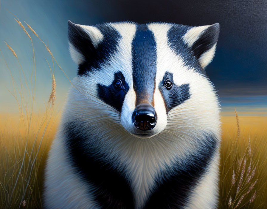 Close-up of black and white badger in golden grass under blue sky