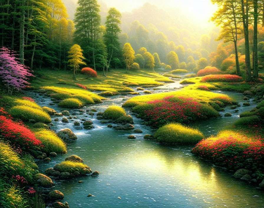 Tranquil river flowing through lush forest with vibrant flowers