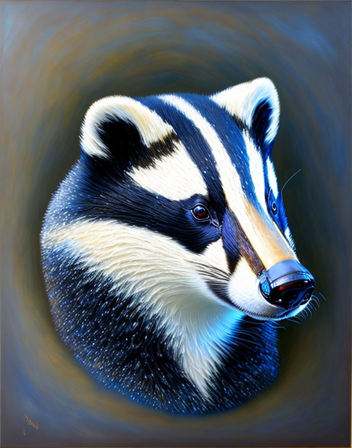 Detailed digital painting of a striking badger with black and white fur against a blue backdrop