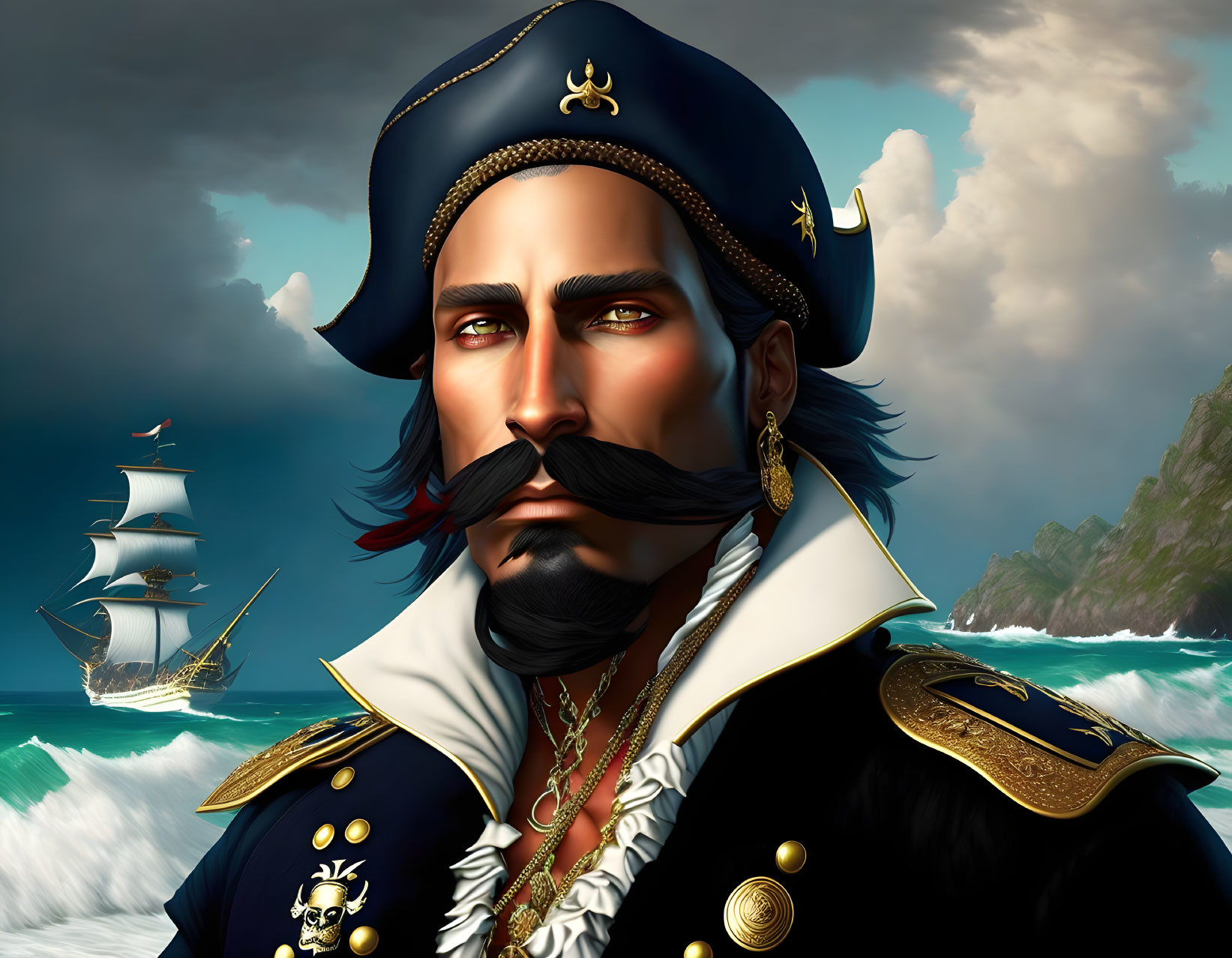 Stately pirate captain with mustache, tricorn hat, ship backdrop