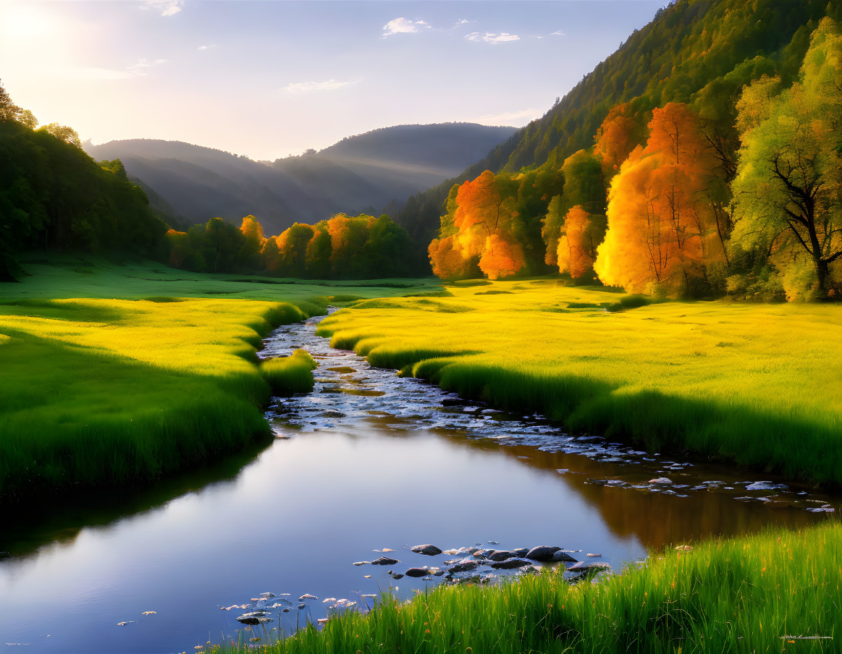 Tranquil stream in lush meadow with autumn trees and shadowed hills