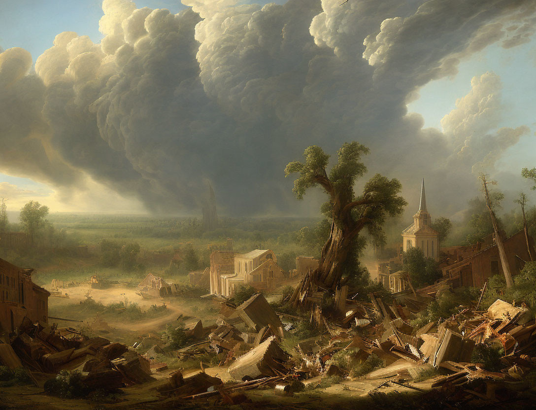 Dramatic landscape painting of post-catastrophe ruins