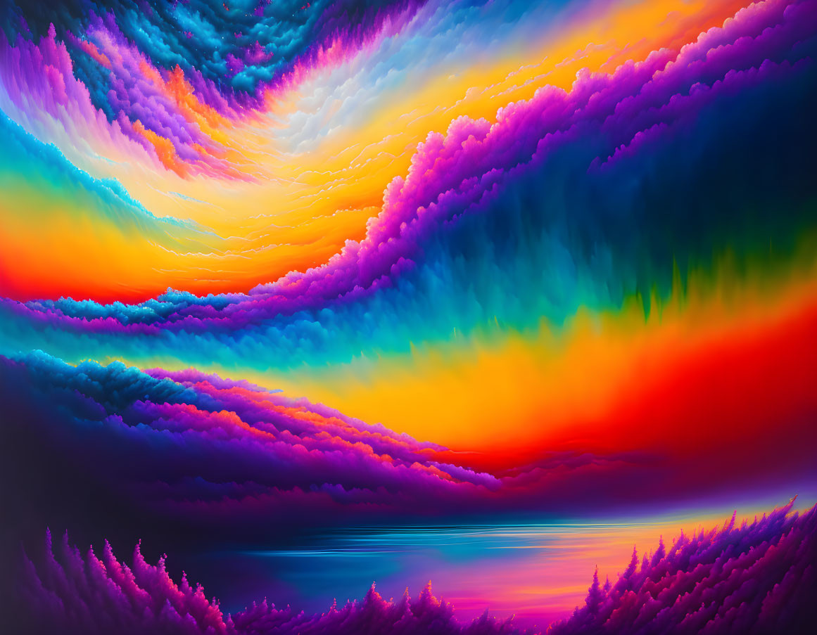 Colorful Digital Artwork: Surreal Landscape with Wavy Sky and Reflective Water