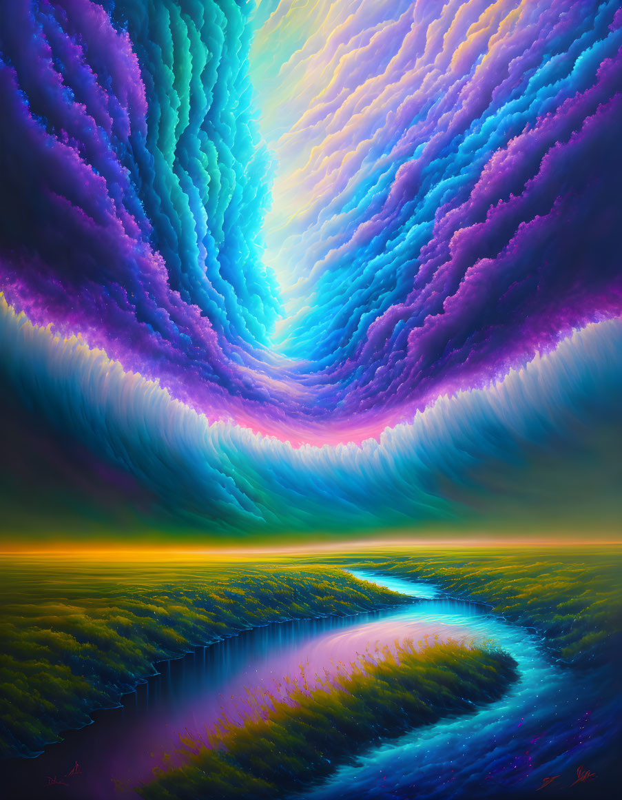 Colorful digital artwork: dramatic skyscape, iridescent clouds, winding river, lush landscape