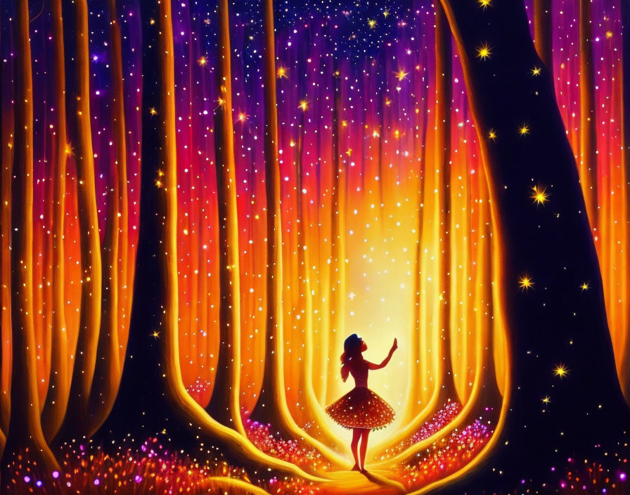 Colorful illustration of person in mystical forest under starry sky