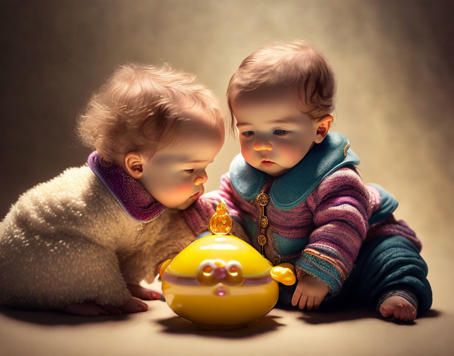 Curious babies in colorful outfits with yellow toy on floor