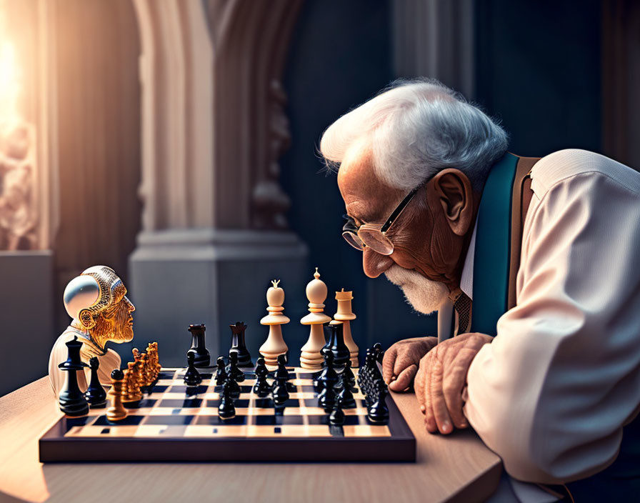 Elderly man playing chess against robotic arm in dimly lit room