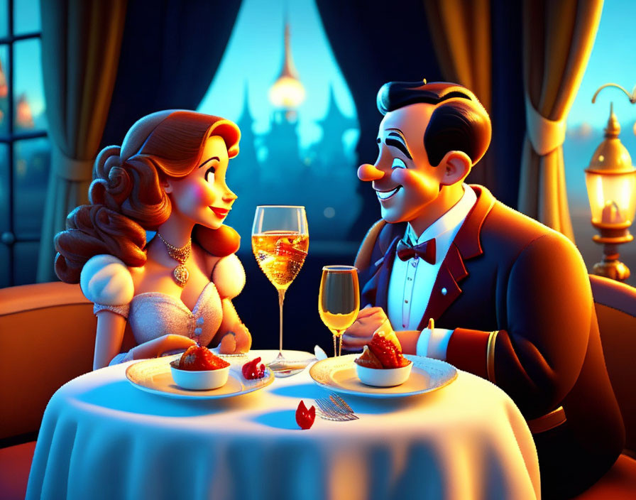 Romantic animated couple dining with wine and dessert in cozy room with castle view