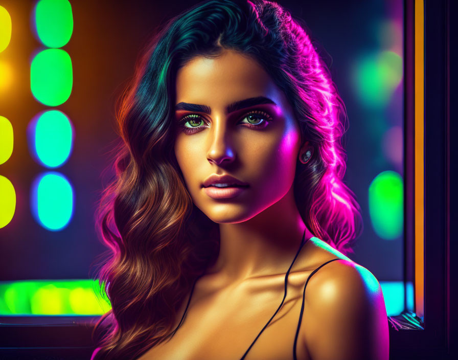 Colorful Neon-Lit Woman with Vivid Makeup