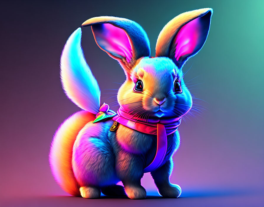 Vibrant neon fur stylized bunny with bow tie under gradient lighting