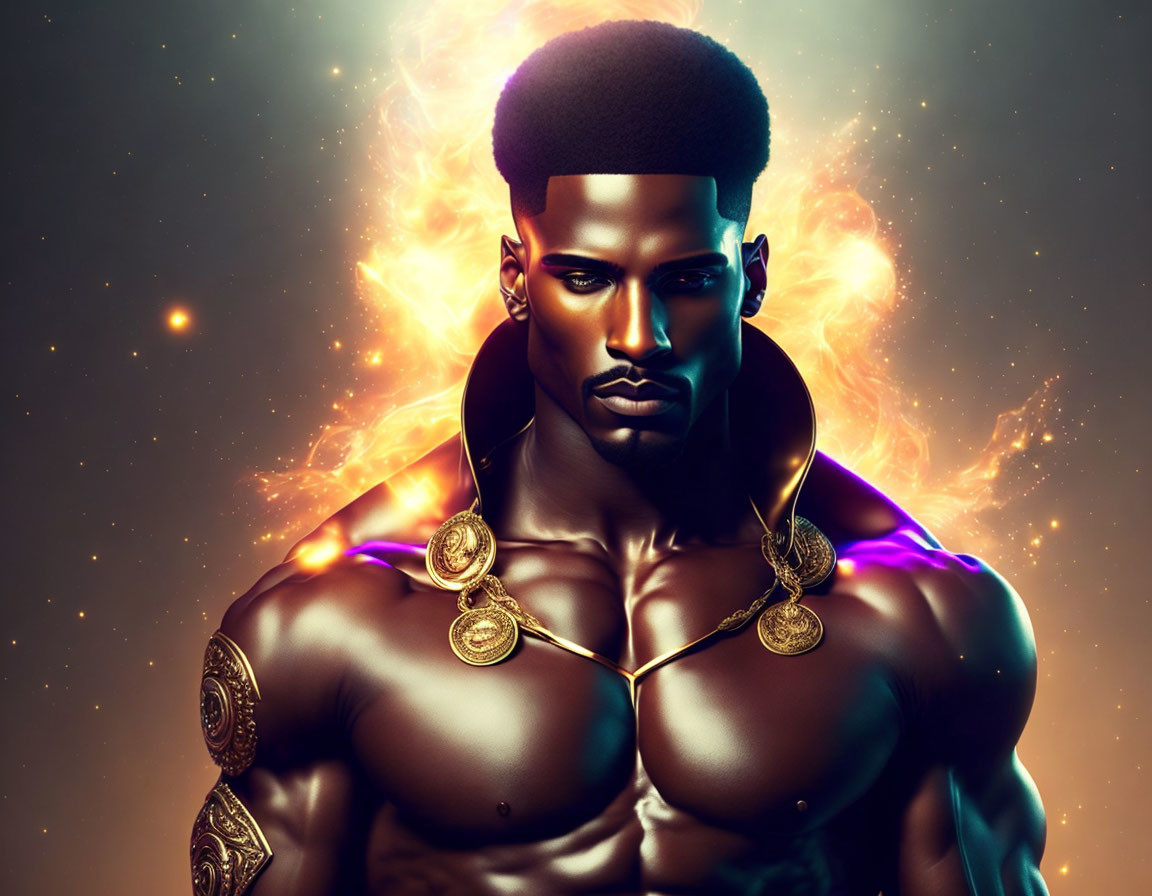 Stylized muscular man with radiant energy on dark background