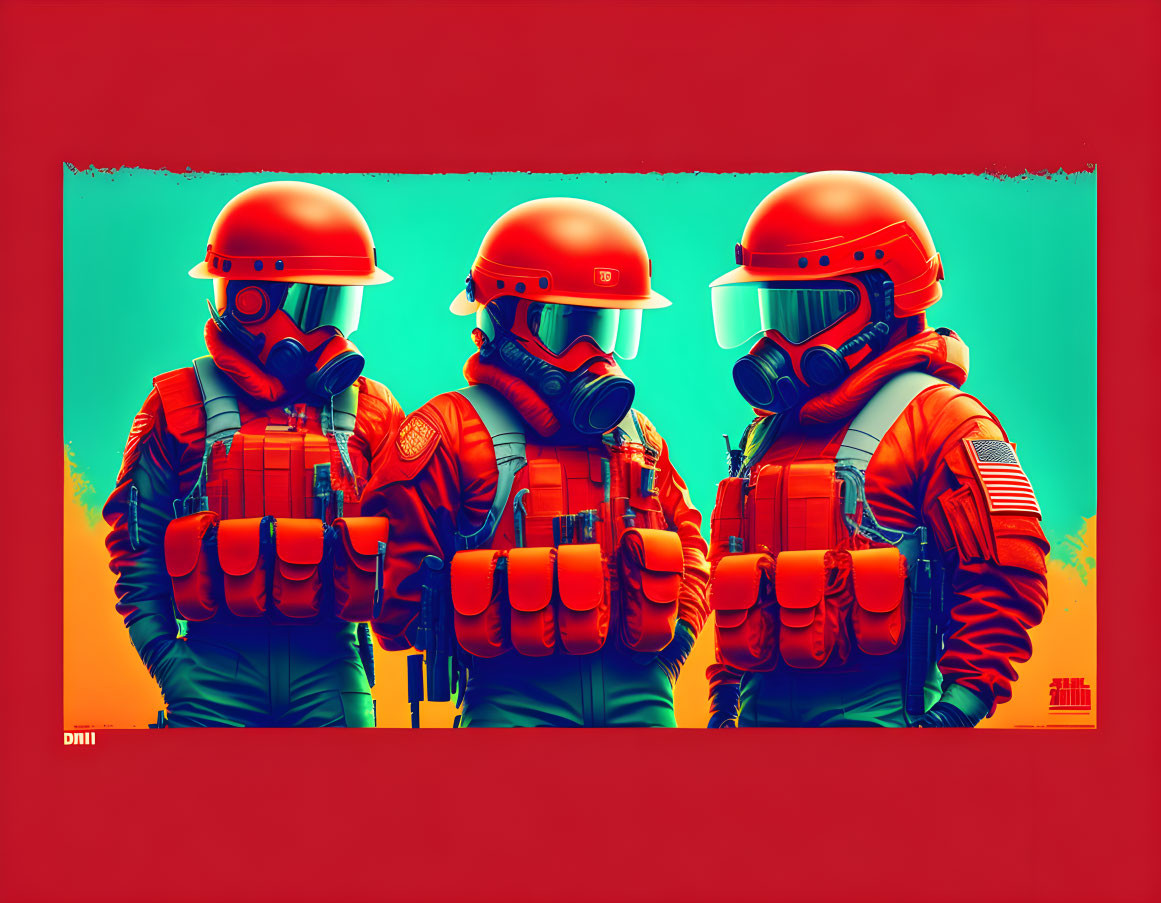 Futuristic soldiers in red and orange armor on cyan outline background