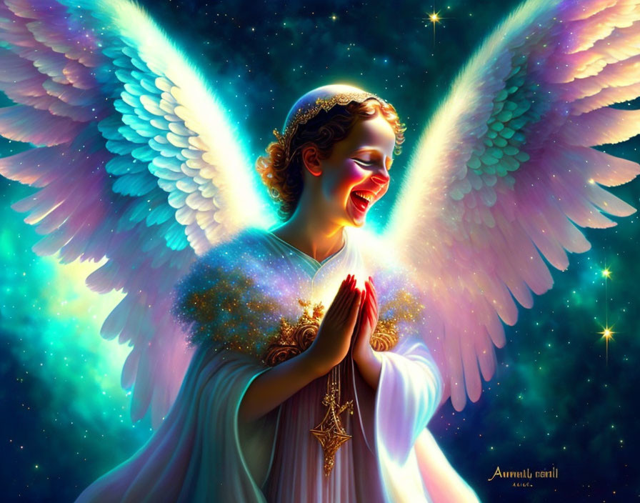 Angel with White Wings and Glowing Aura in Prayer Pose