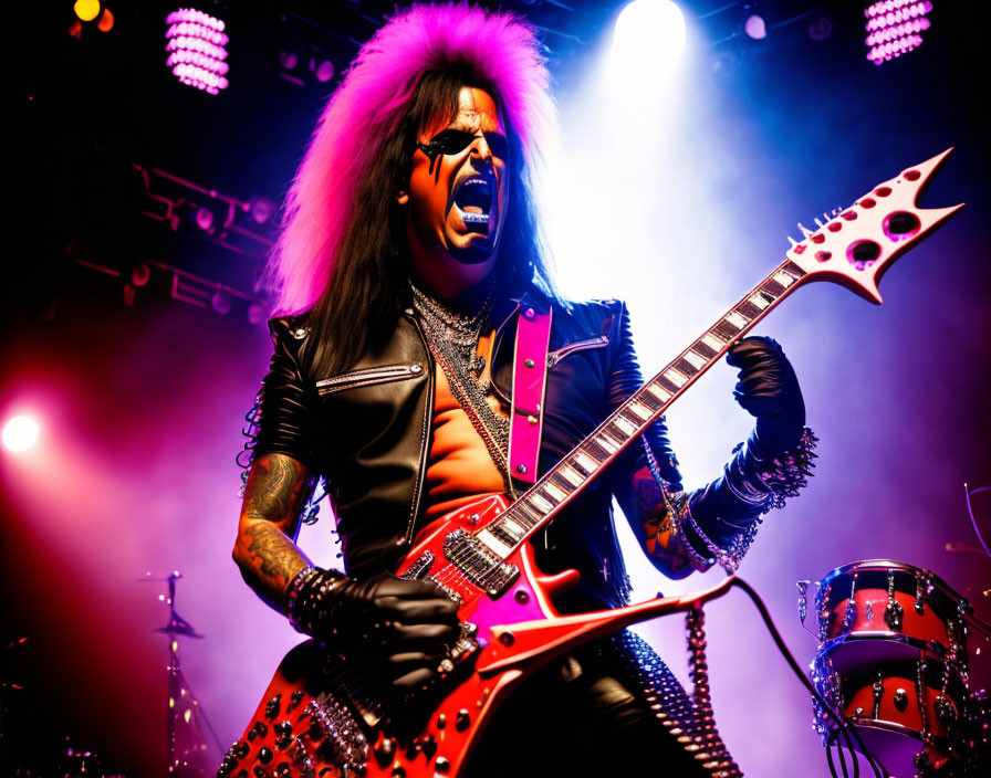 Spiked hair rock musician playing electric guitar on stage in leather outfit