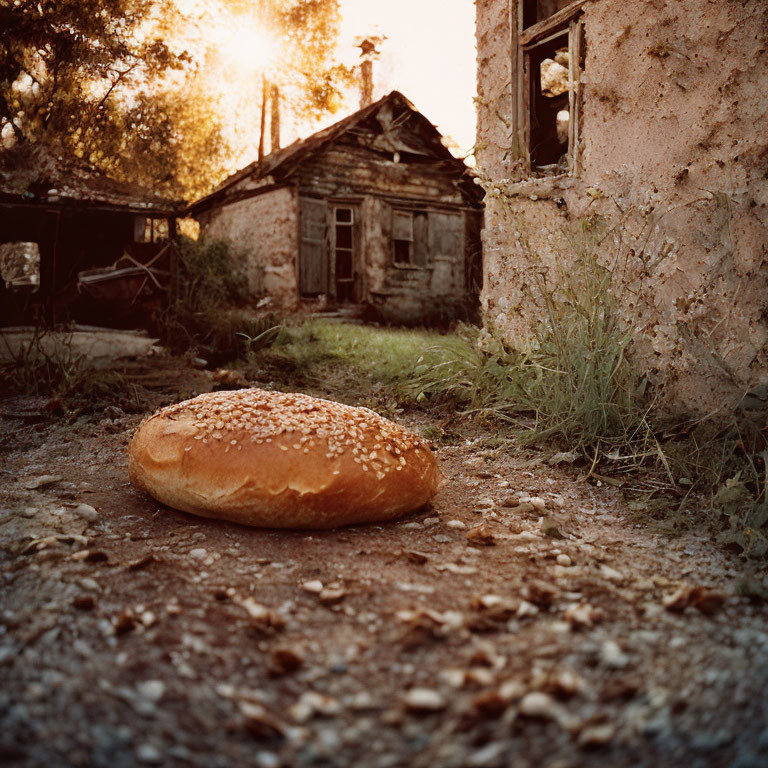 Sesame seed loaf on abandoned house in warm sunlight