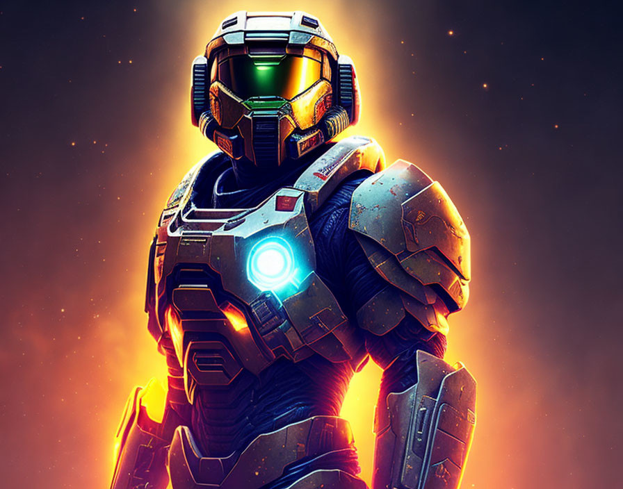 Futuristic armored figure with glowing visor on fiery orange backdrop