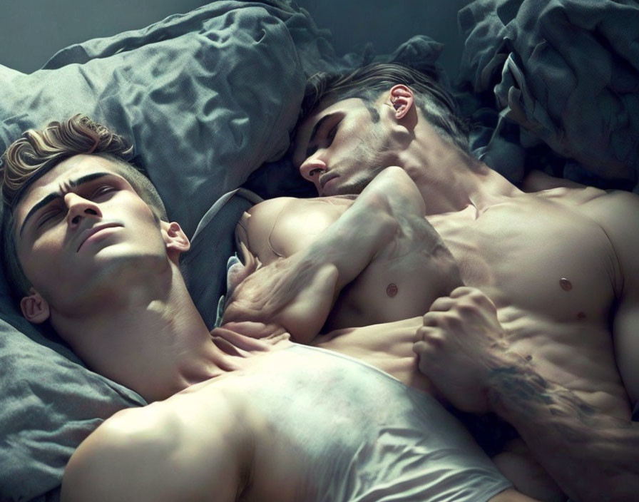 Two Men Sleeping Peacefully in Bed with Disheveled Sheets