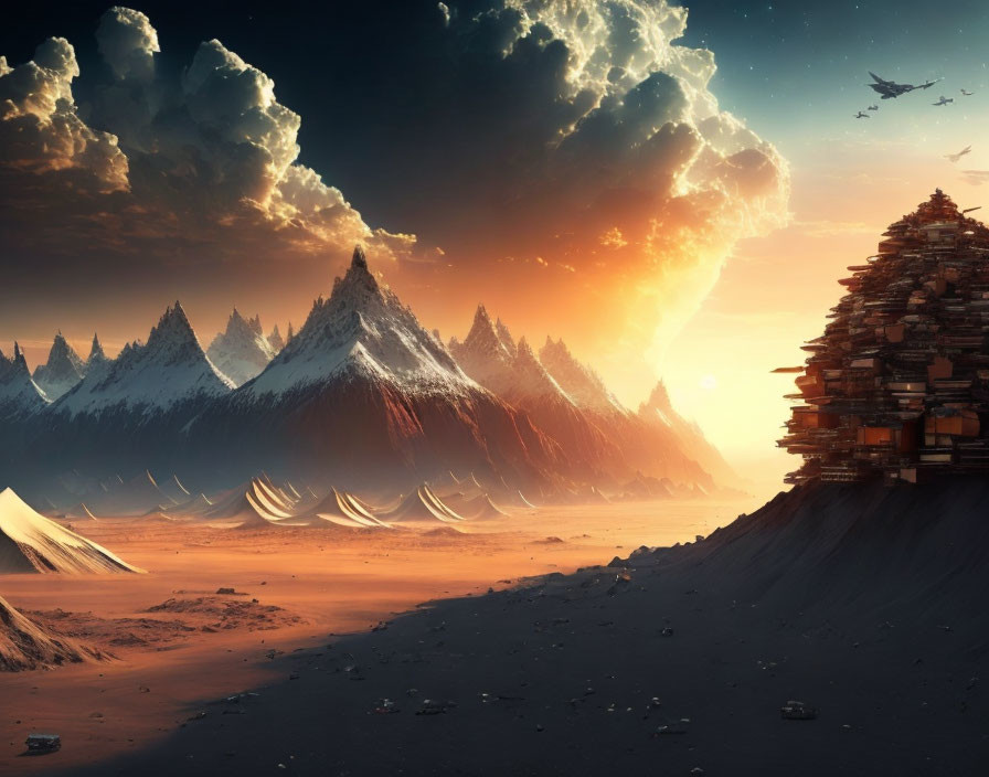 Fantasy landscape with towering mountain structure and dramatic sunset sky