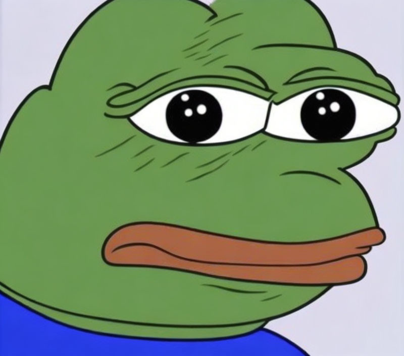 Pepe the Frog Meme Character in Blue Shirt with Sad Expression