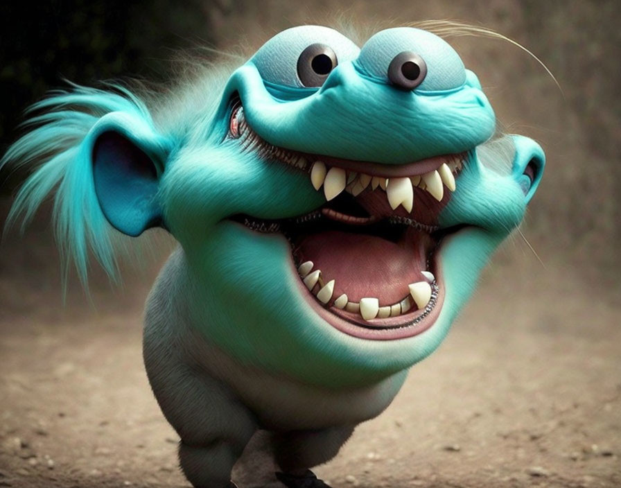 Blue Animated Monster with Large Eyes and Sharp Teeth