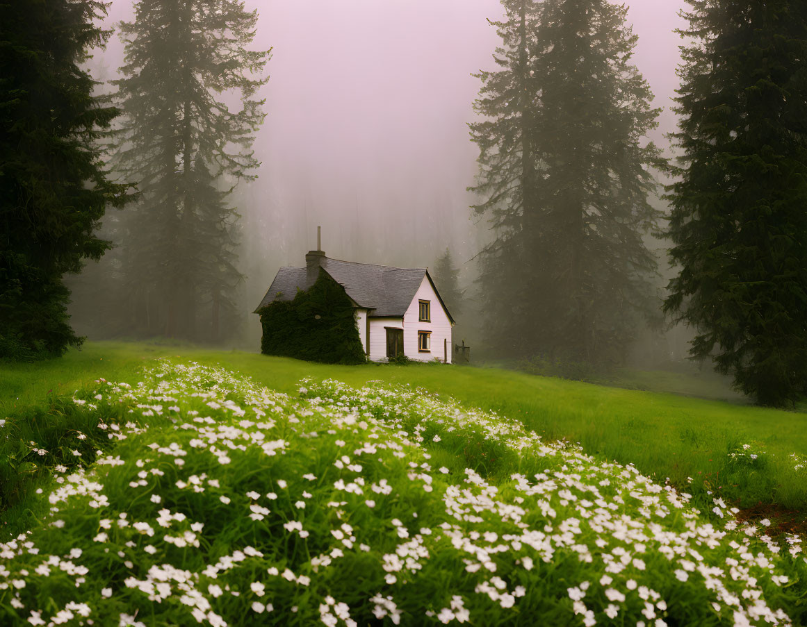 White House in Meadow Surrounded by Pine Trees and Mist