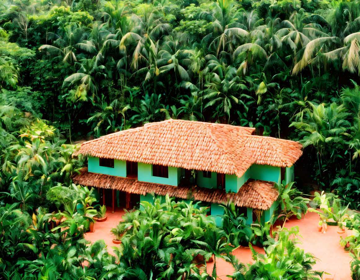 Vibrant house with terracotta roof in lush tropical setting