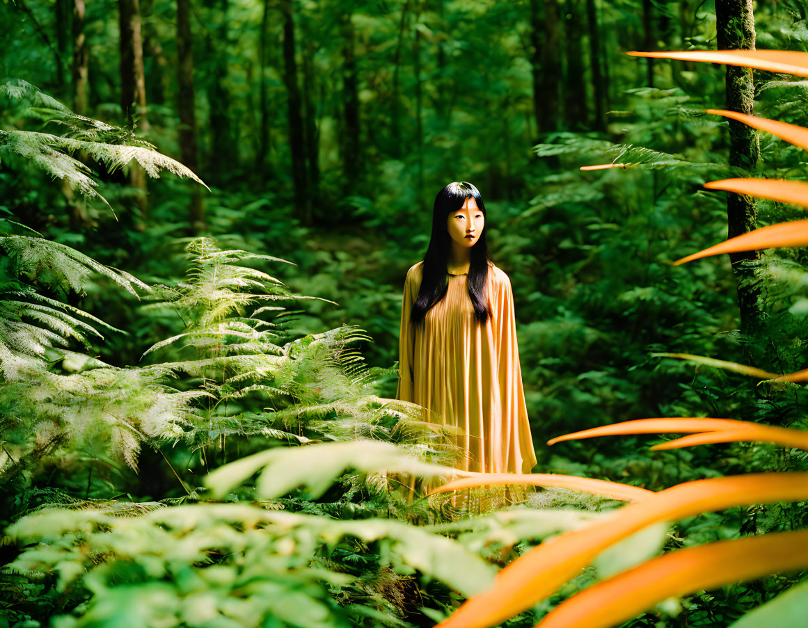 Woman in Yellow Dress Surrounded by Green Ferns in Sunlit Forest