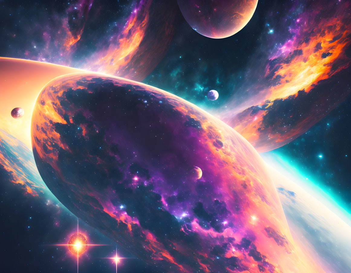 Colorful Cosmic Scene with Celestial Bodies and Nebulas