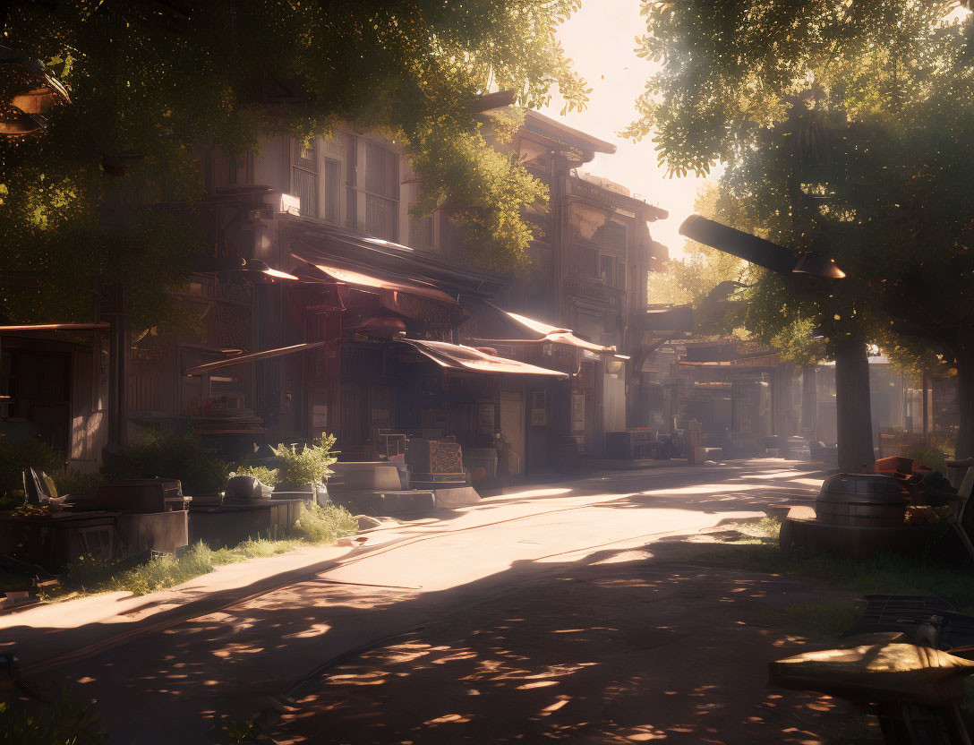 Tranquil sunrise scene on empty street with trees and buildings