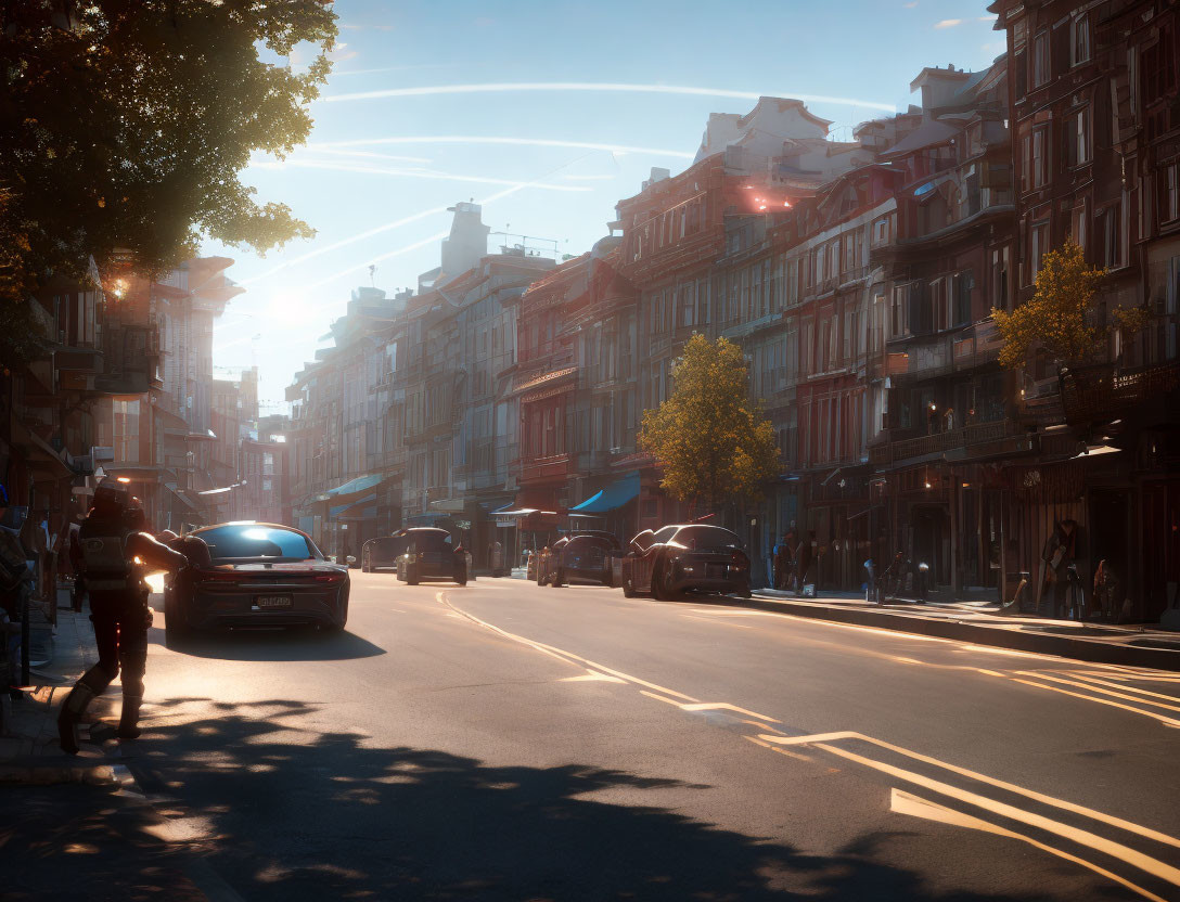 City street at sunset with cars and pedestrians under clear sky