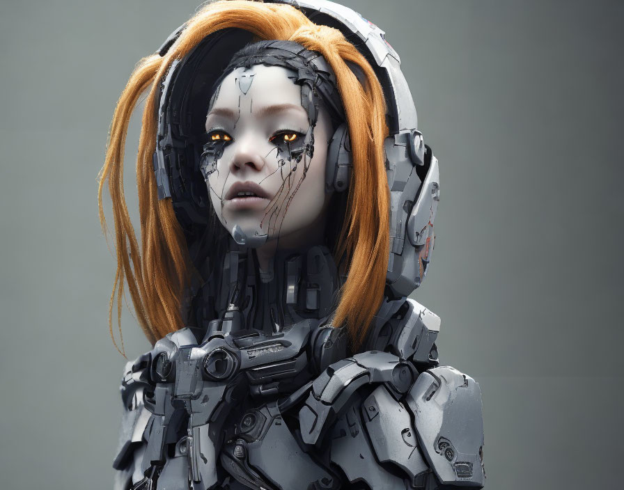 Detailed futuristic cyborg woman with orange hair and mechanical parts on grey background