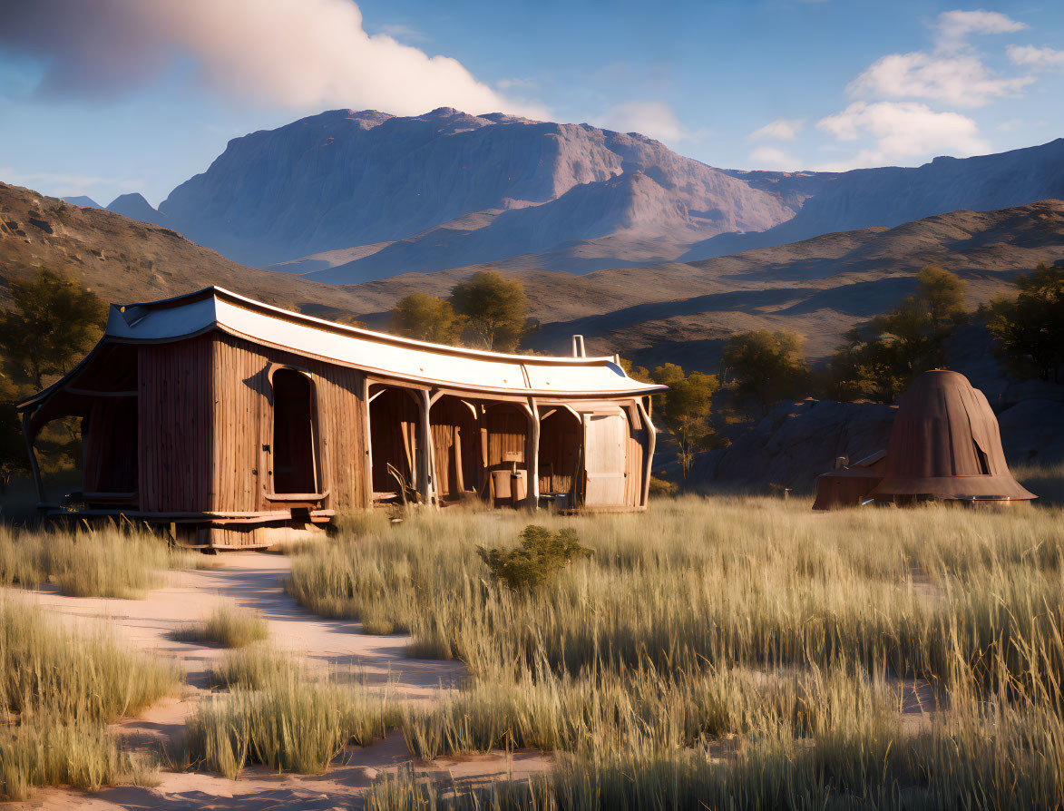 Abandoned wooden cabin in field with mountains and blue sky