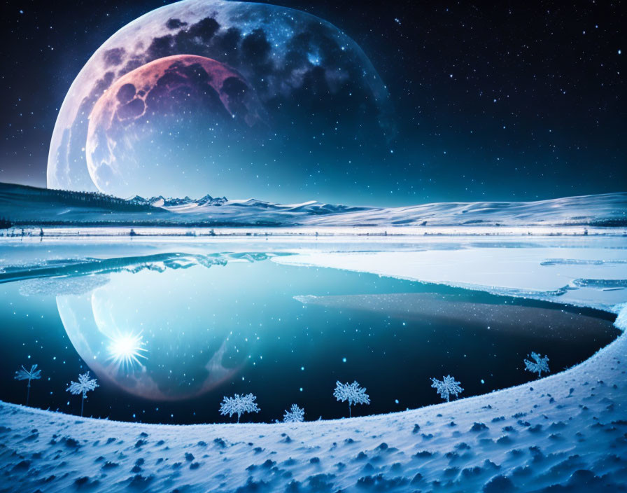 Surreal winter night landscape with moon, stars, icy lake, and snow-covered mountains