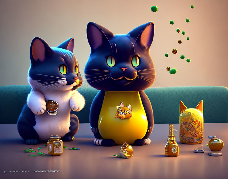 Stylized anthropomorphic cats with gold coins and jars