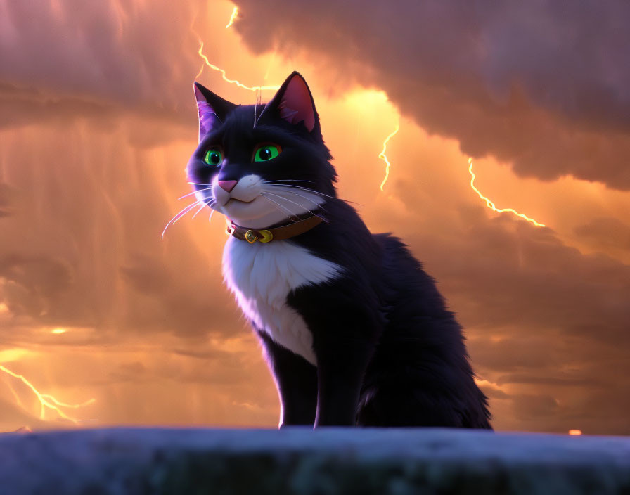 Monochrome animated cat against orange sky with lightning