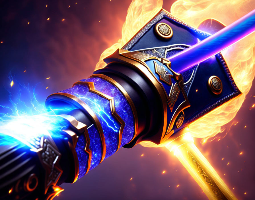 Vibrant blue lightsaber with glowing edges and fiery orange embers on starry background