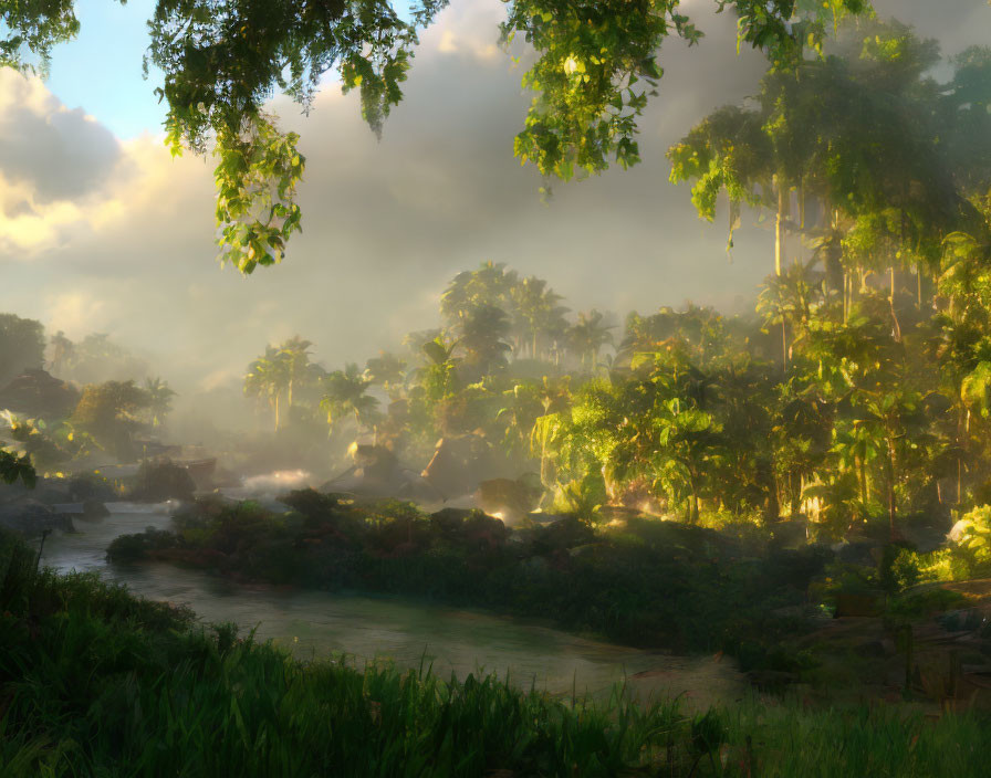 Lush Green Tropical Forest with Sunlight and River