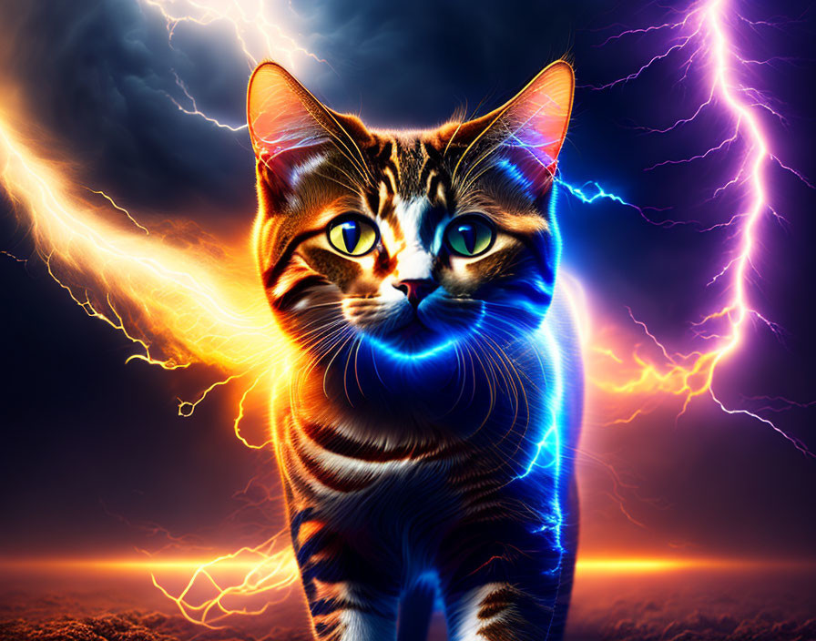 Colorful digital artwork: Cat with neon blue stripes on stormy backdrop