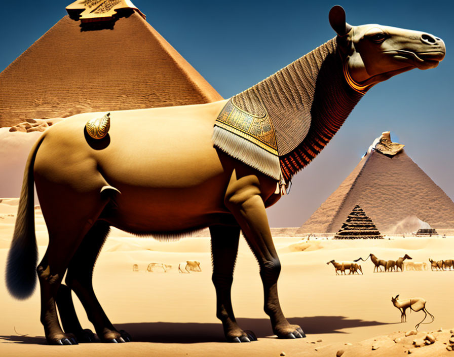 Digital artwork: Camel with stretched neck at Egyptian pyramids