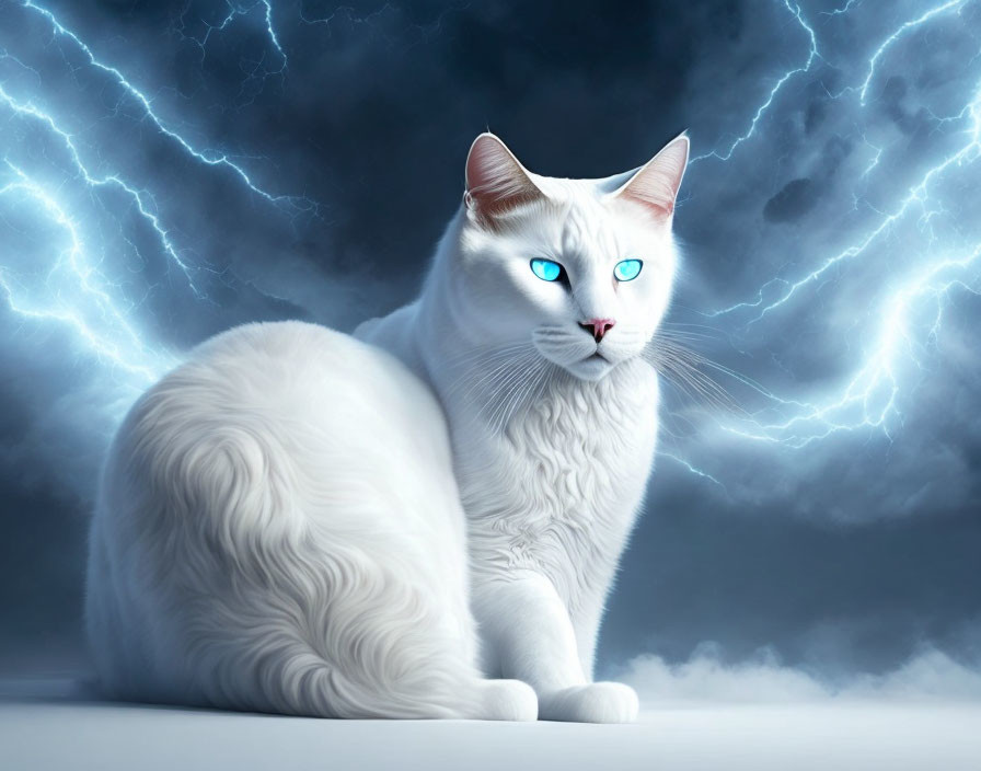 White Cat with Blue Eyes Against Dramatic Sky Background