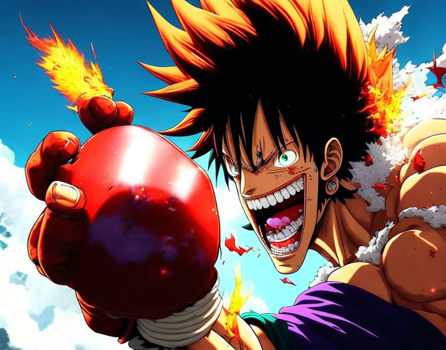 Spiky-haired animated character holding shiny red object against blue sky