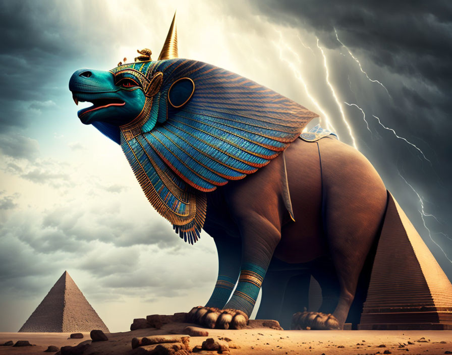 Digital artwork: Colossal Egyptian sphinx with lion body and human head, lightning sky, pyramids