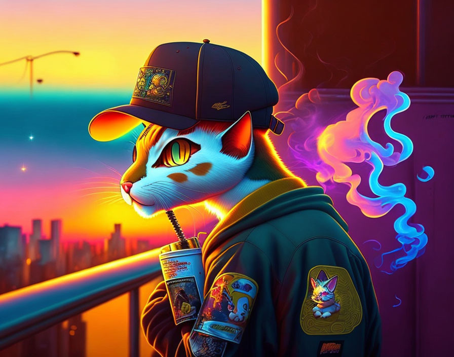 Cat in cap and jacket on balcony at sunset with cityscape