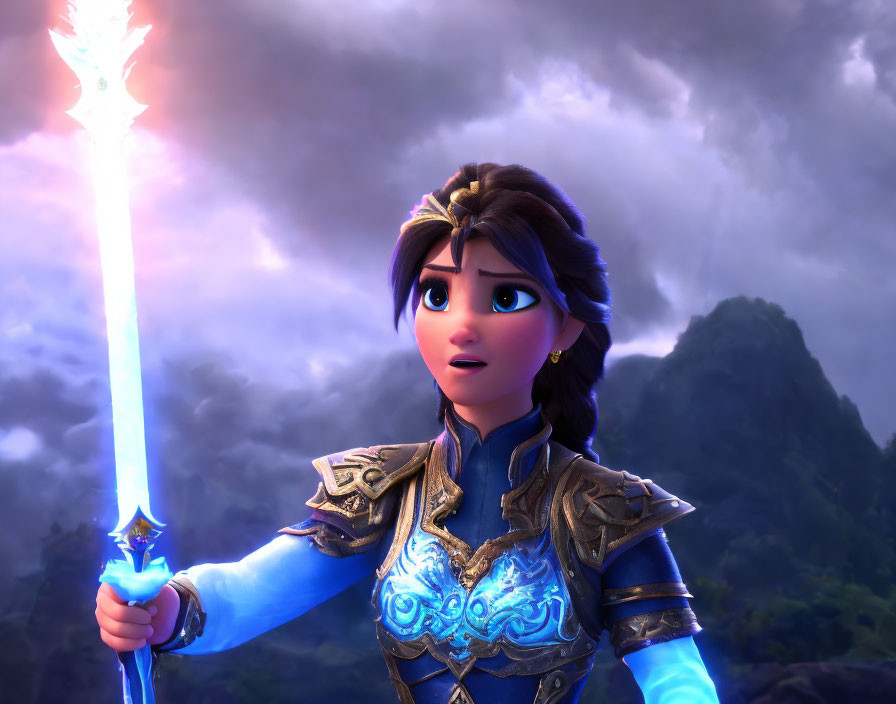 Animated female character with glowing blue sword in front of dramatic mountain backdrop