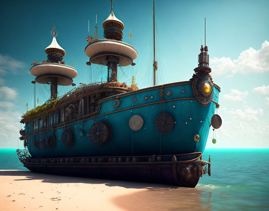 Futuristic ship with tall spires and ornate details stranded on sandy beach under clear blue sky