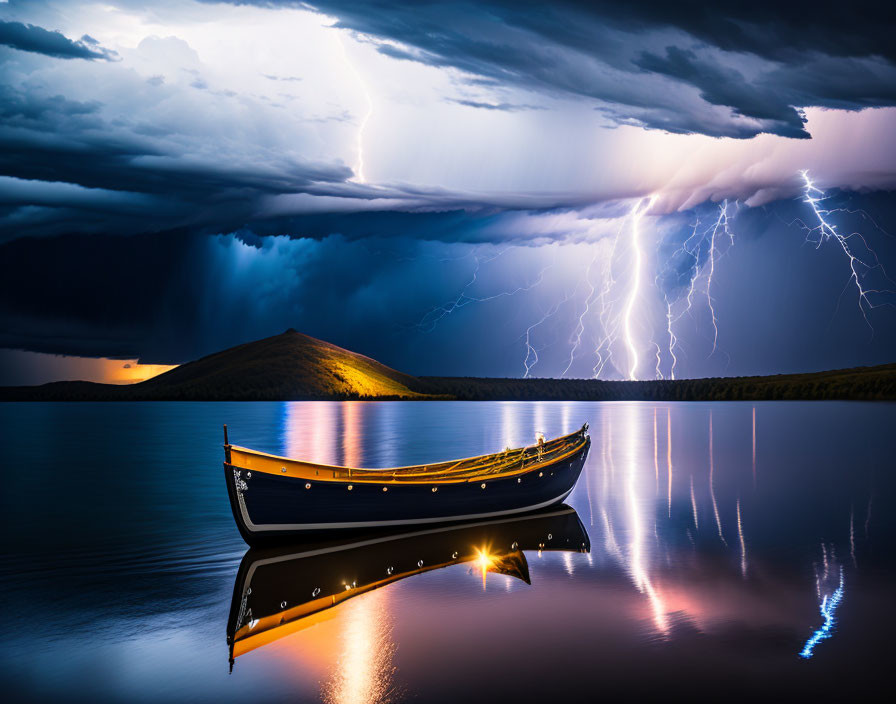 Serene lake with boat under dramatic night sky and lightning strikes