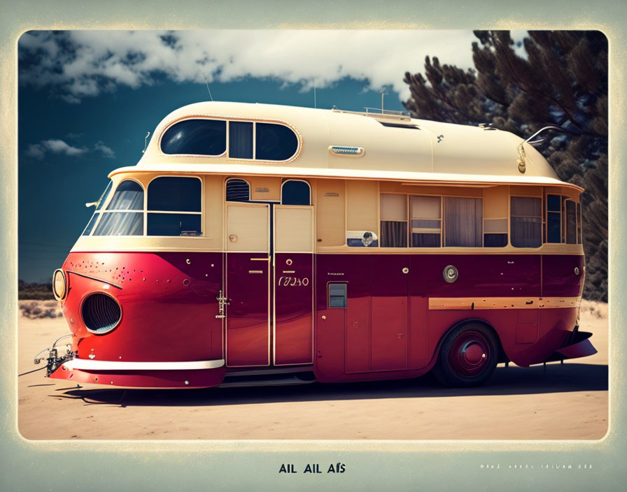 Vintage Red and Cream Caravan on Sandy Beach with Round Windows