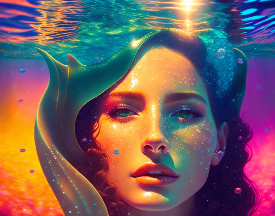 Colorful underwater portrait of a woman's face in vibrant water