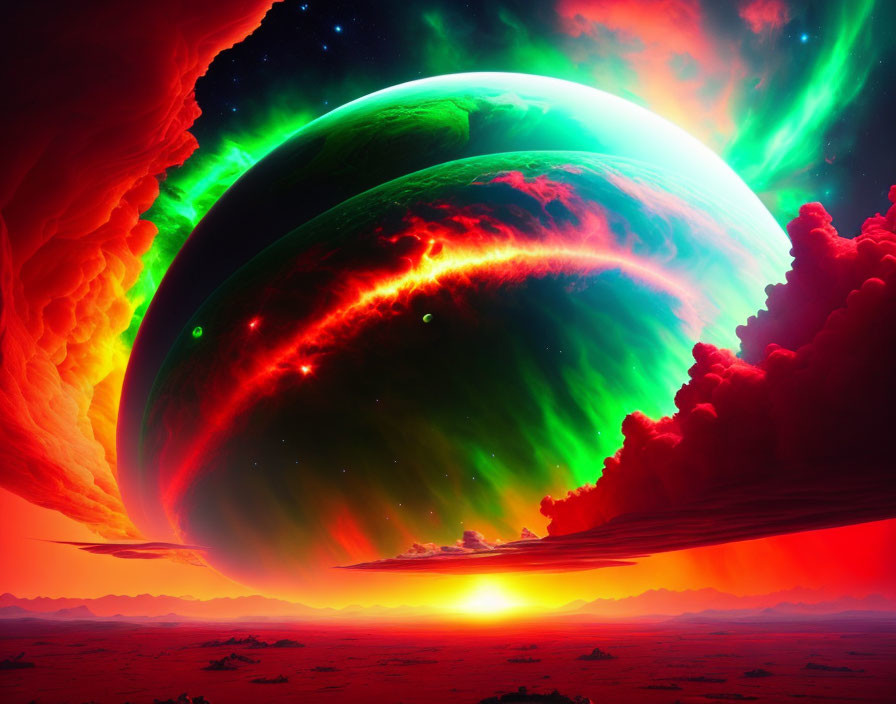 Colorful sci-fi landscape with giant green and red planet at sunset