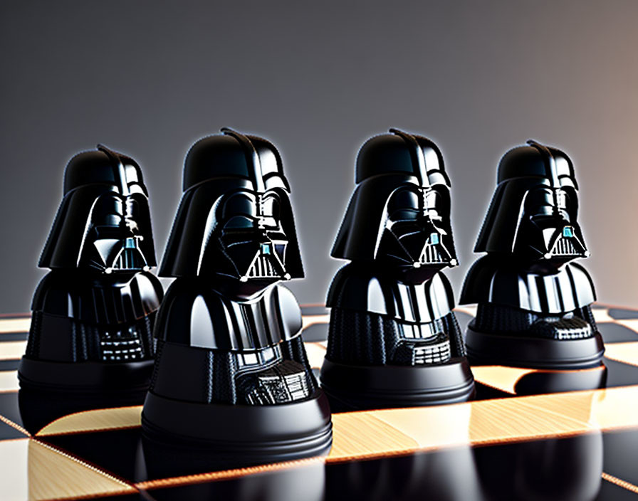 Black Darth Vader helmet chess pieces on reflective board